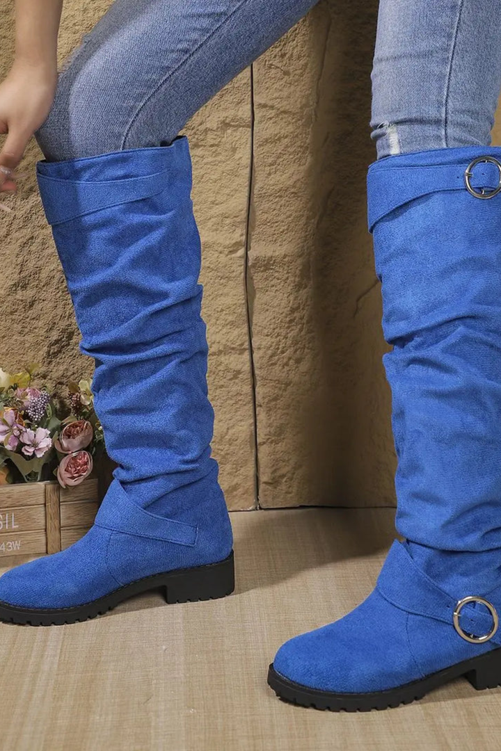 Women’s Slouchy Knee High Boots – Buckle Low Heel Boots