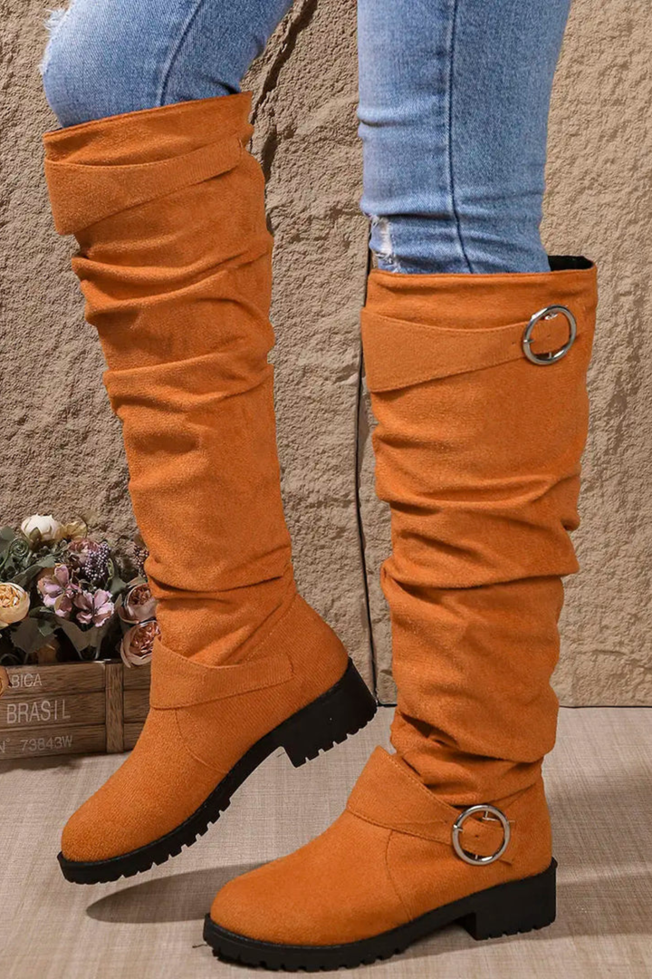Women’s Slouchy Knee High Boots – Buckle Low Heel Boots