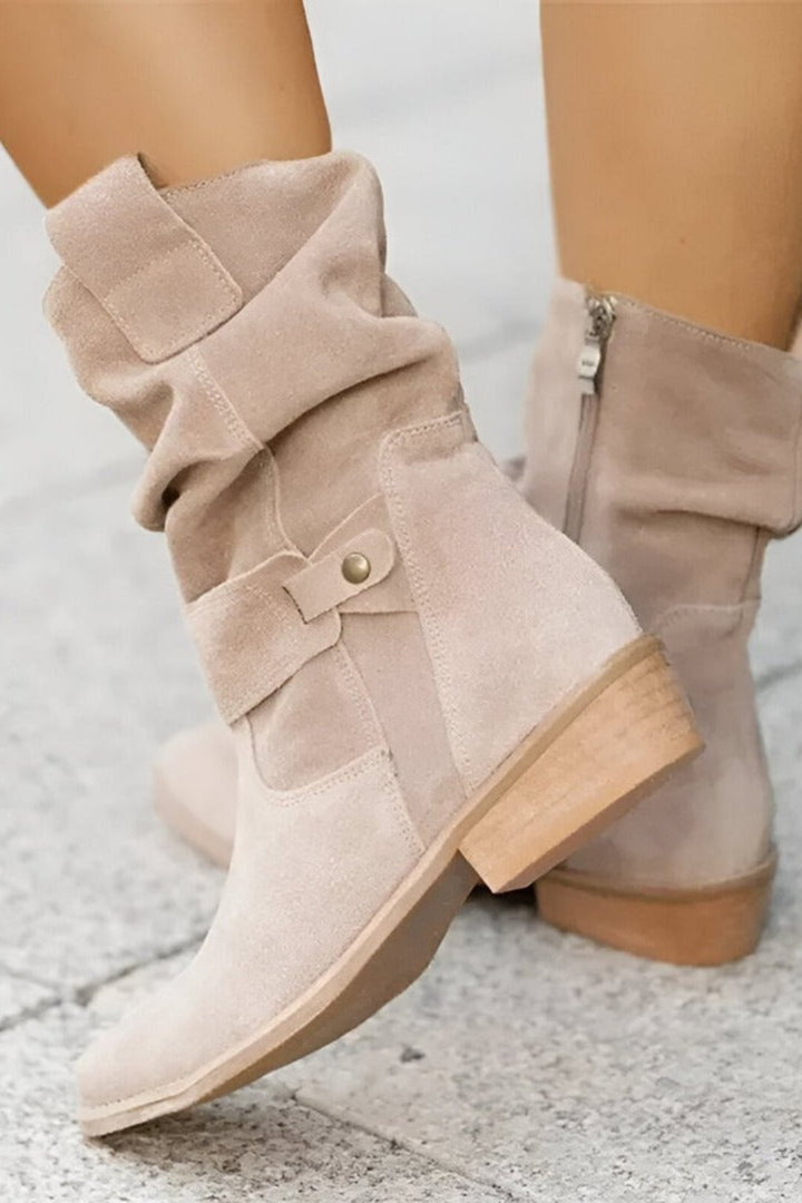 Women’s Faux Suede Slouchy Ankle Boots – Buckle Low Heel Booties
