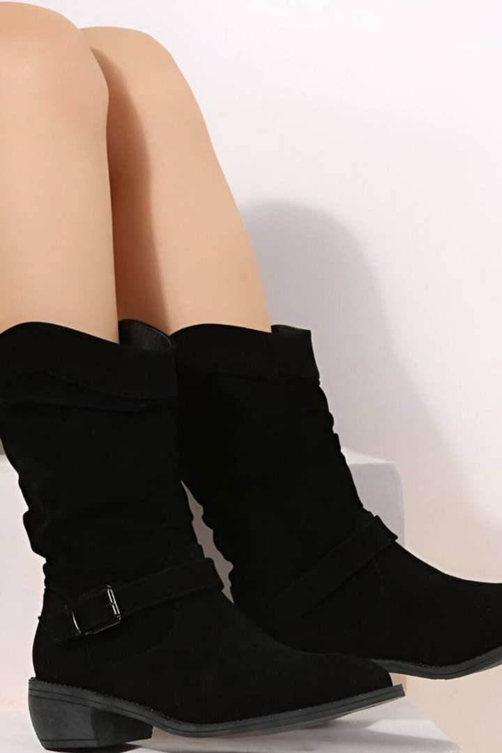 Women’s Faux Suede Slouchy Ankle Boots – Buckle Low Heel Booties