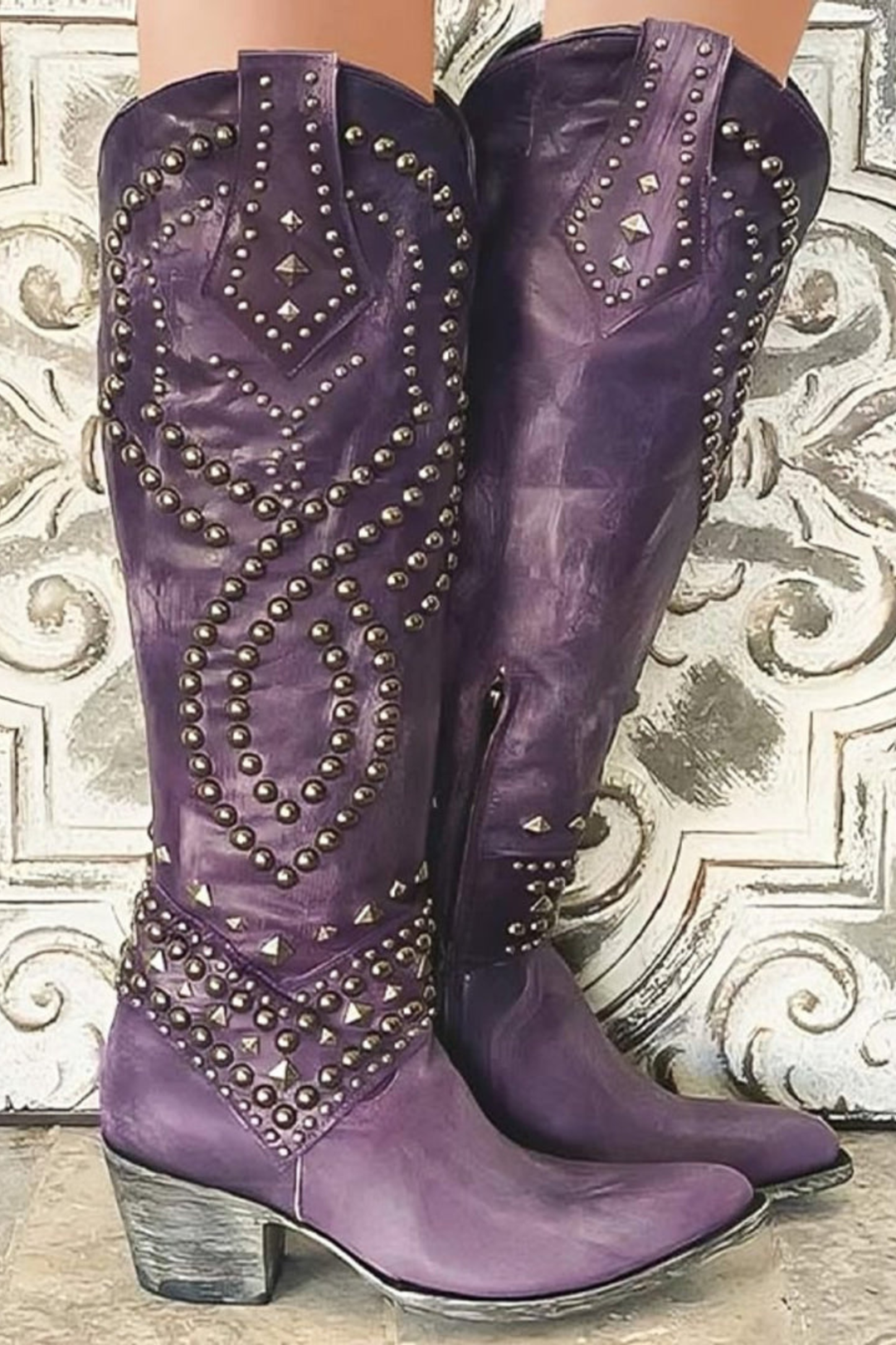 Women’s Studded Knee High Cowboy Boots – Pointed Toe Western Boots
