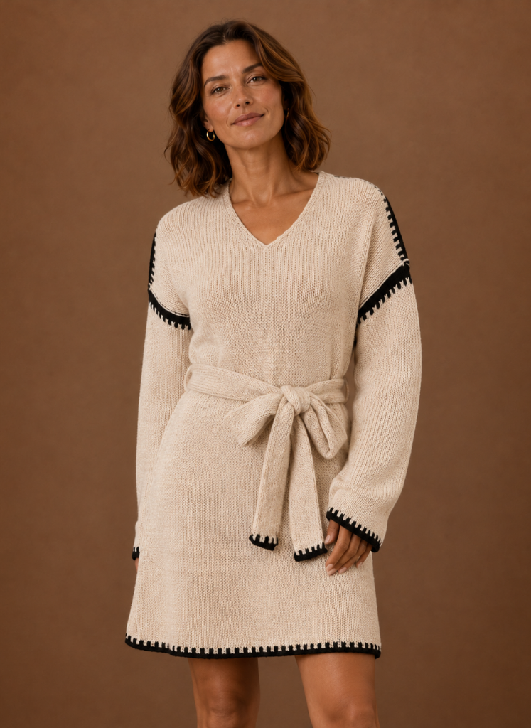 Women's V Neck Knit Sweater Dress with Waist Belt