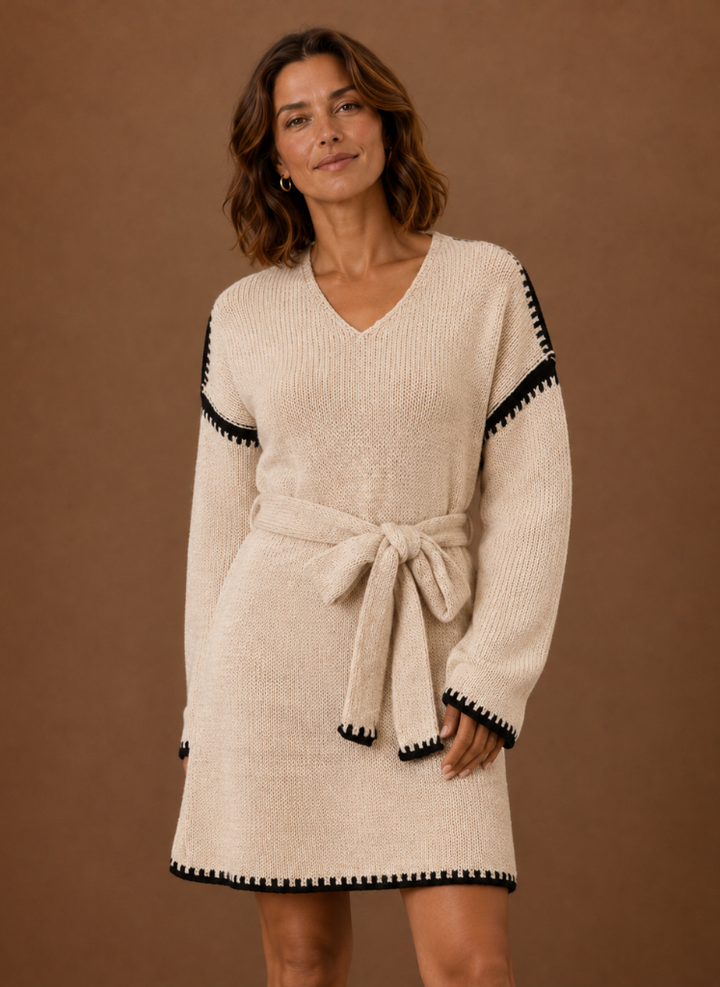 Women's V Neck Knit Sweater Dress with Waist Belt