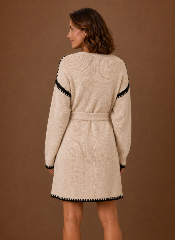 Women's V Neck Knit Sweater Dress with Waist Belt