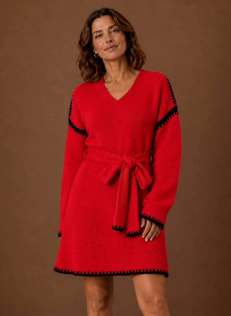 Women's V Neck Knit Sweater Dress with Waist Belt