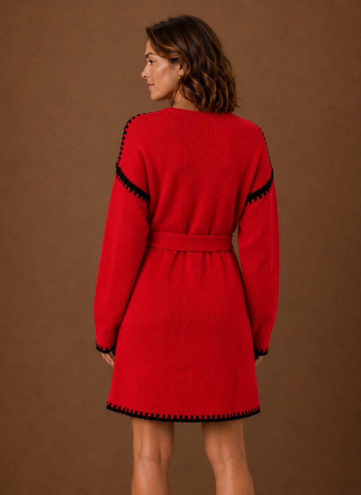 Women's V Neck Knit Sweater Dress with Waist Belt