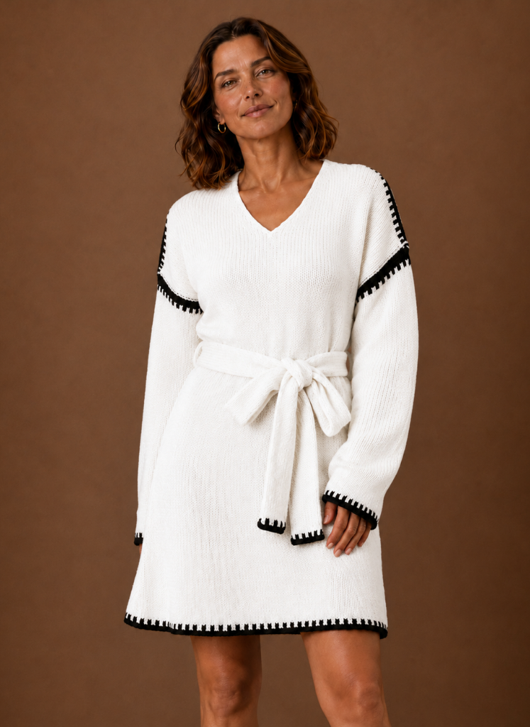 Women's V Neck Knit Sweater Dress with Waist Belt