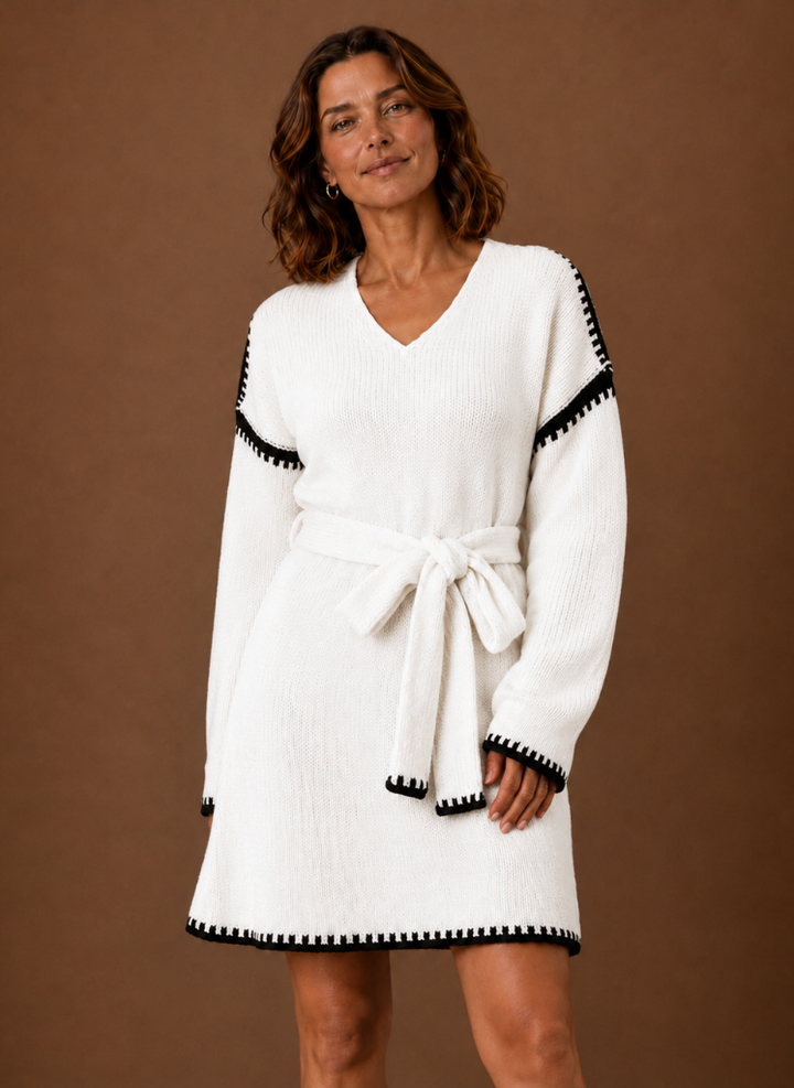 Women's V Neck Knit Sweater Dress with Waist Belt