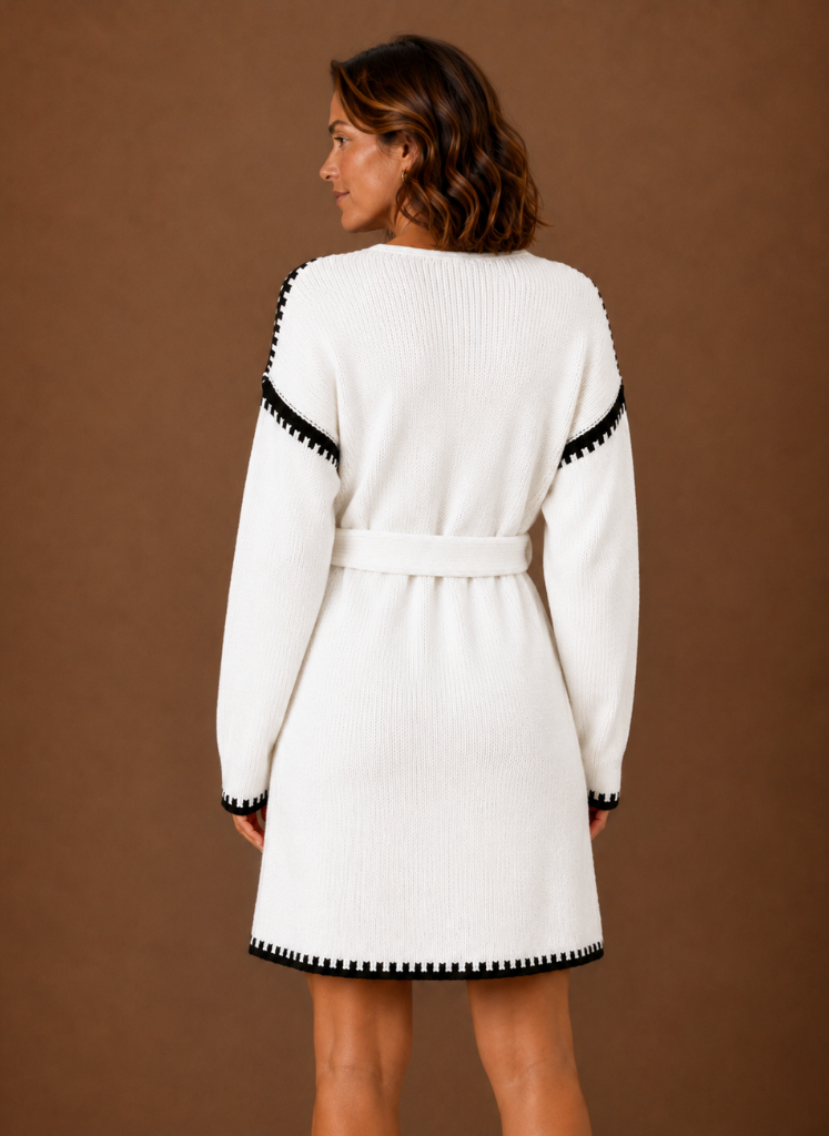 Women's V Neck Knit Sweater Dress with Waist Belt