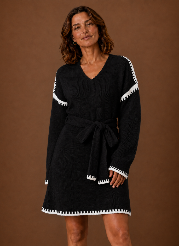 Women's V Neck Knit Sweater Dress with Waist Belt