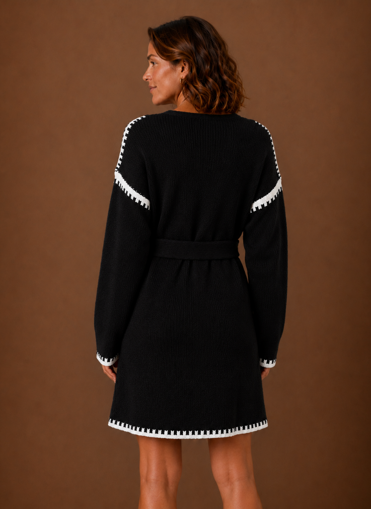 Women's V Neck Knit Sweater Dress with Waist Belt