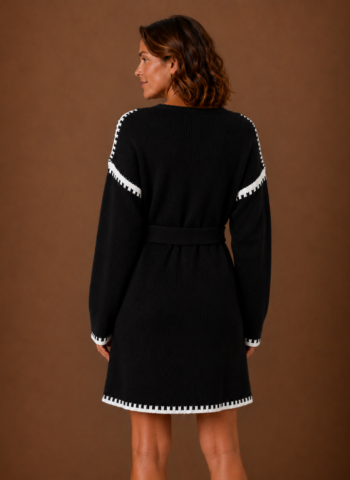 Women's V Neck Knit Sweater Dress with Waist Belt