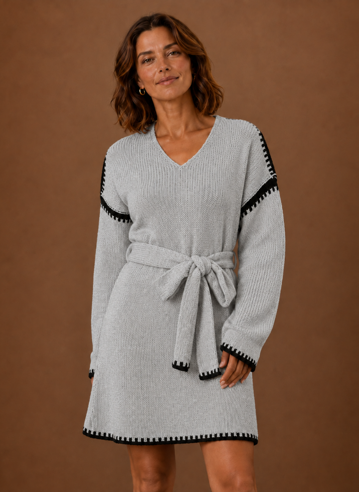 Women's V Neck Knit Sweater Dress with Waist Belt