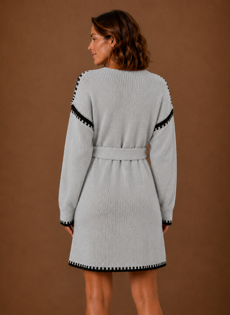 Women's V Neck Knit Sweater Dress with Waist Belt