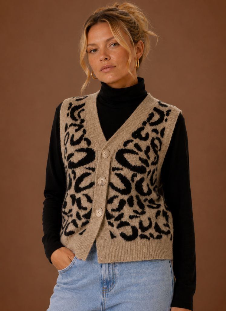 Women's Stylish Leopard Print Button Front Sweater Vest