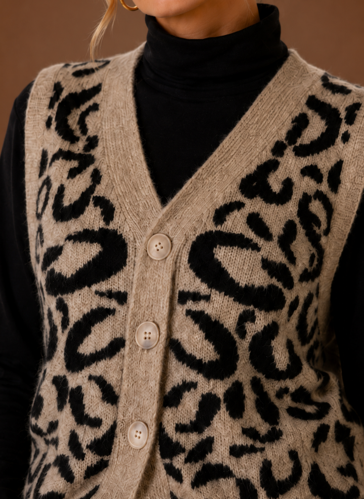 Women's Stylish Leopard Print Button Front Sweater Vest