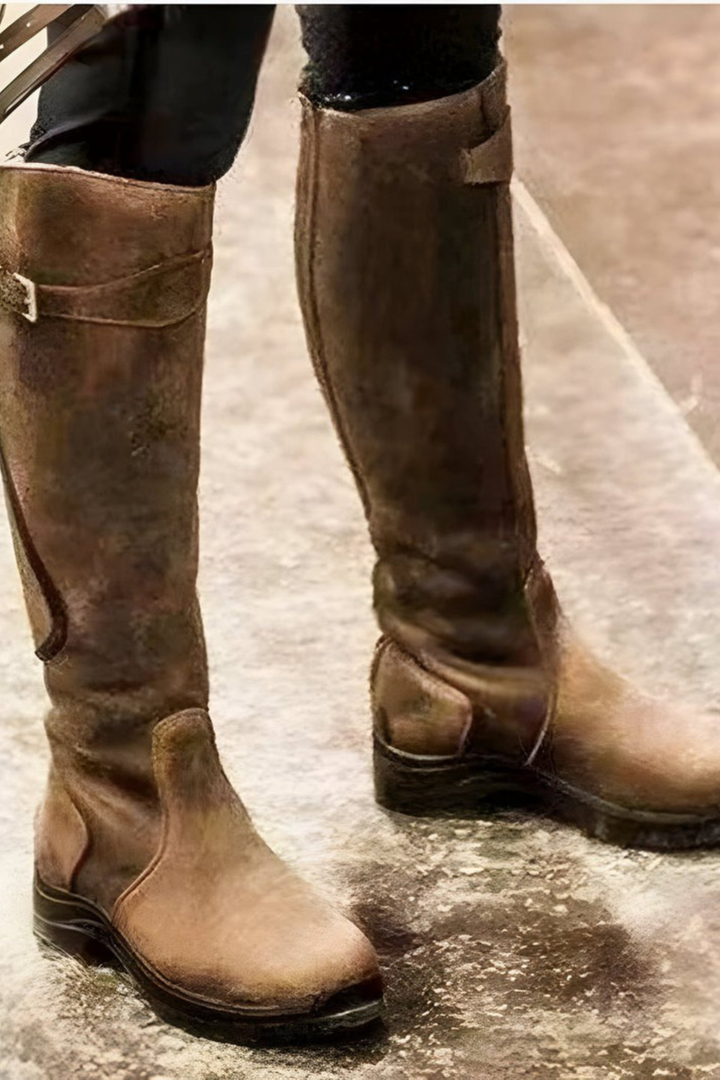 Women’s Knee High Riding Boots – Buckle Low Heel Boots