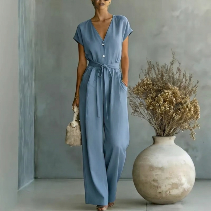 Women's V Neck Relaxed Fit Wide Leg Jumpsuit