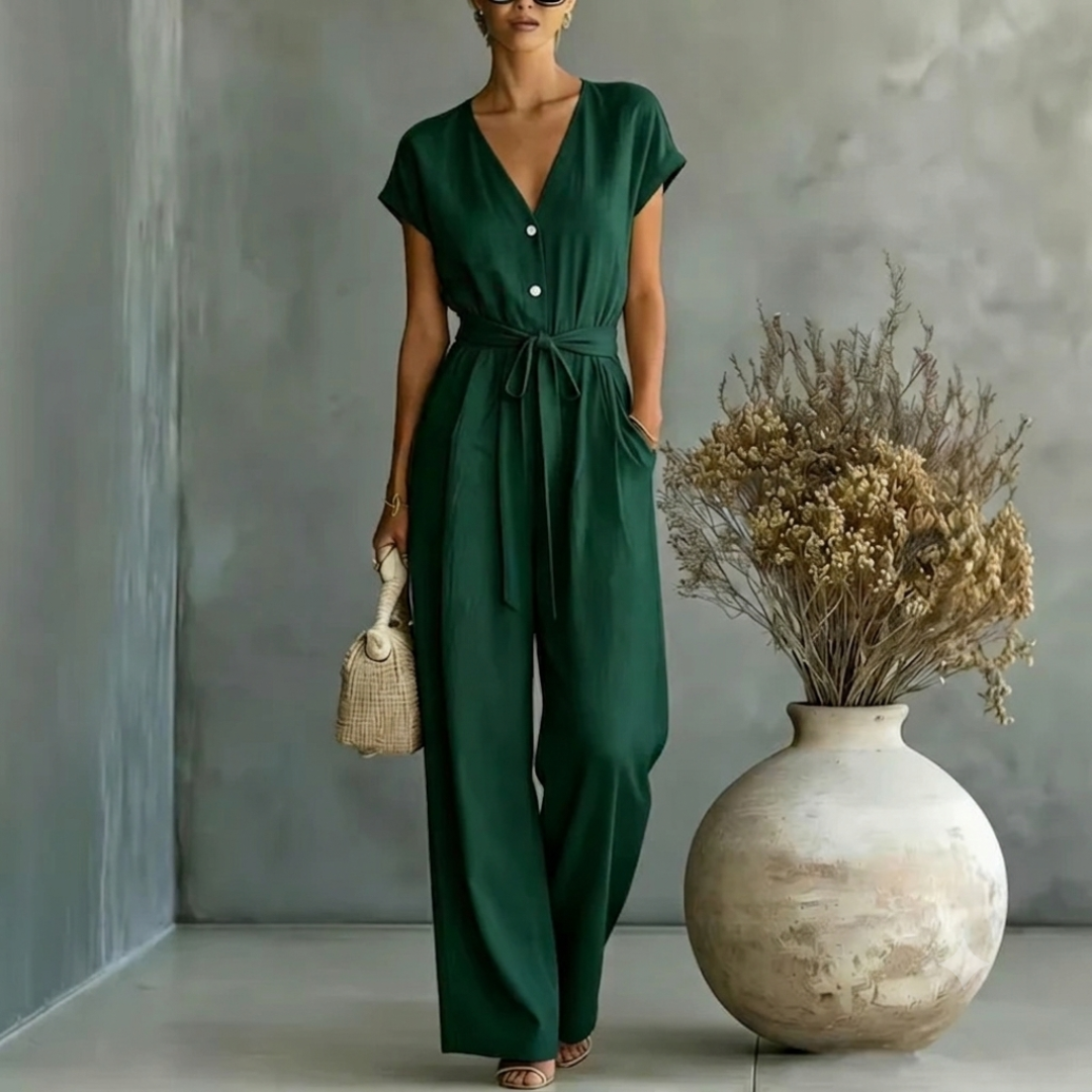 Women's V Neck Relaxed Fit Wide Leg Jumpsuit