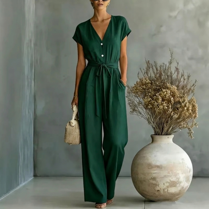Women's V Neck Relaxed Fit Wide Leg Jumpsuit