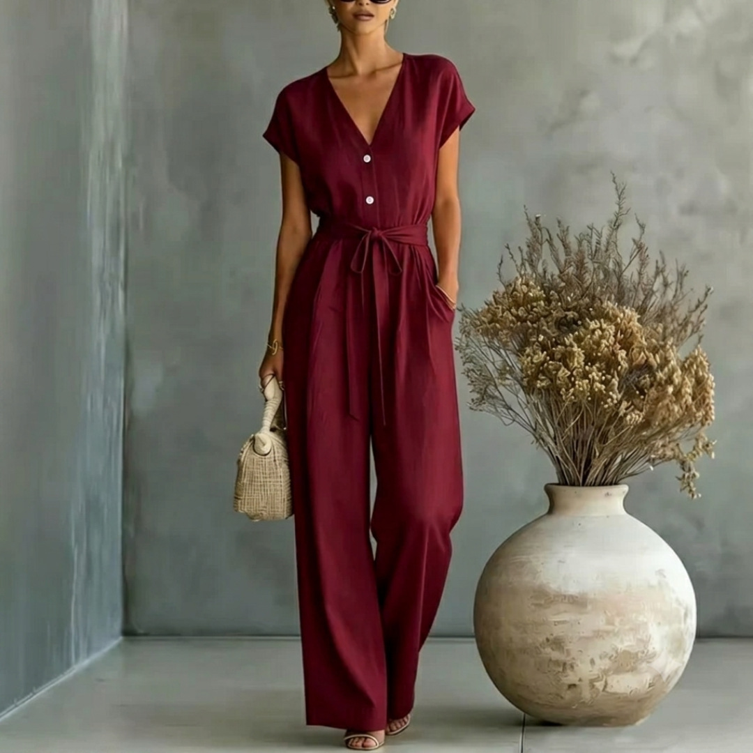 Women's V Neck Relaxed Fit Wide Leg Jumpsuit