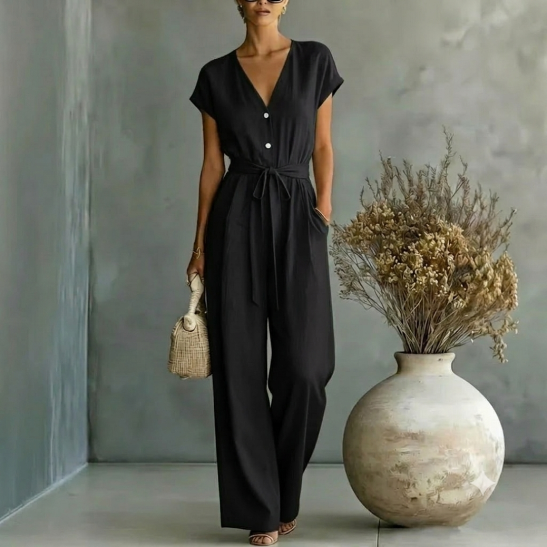 Women's V Neck Relaxed Fit Wide Leg Jumpsuit
