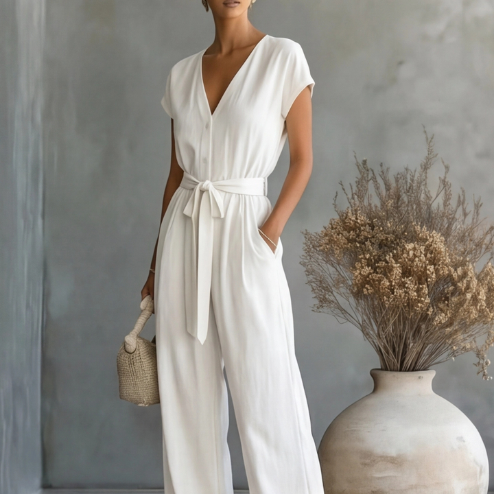 Women's V Neck Relaxed Fit Wide Leg Jumpsuit