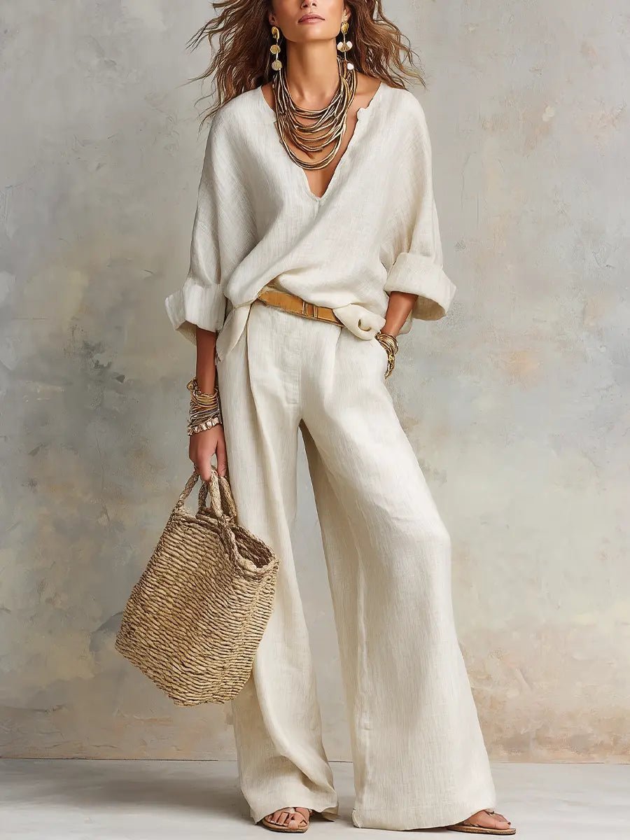 Women's Casual Linen Wide Leg Two Piece Set