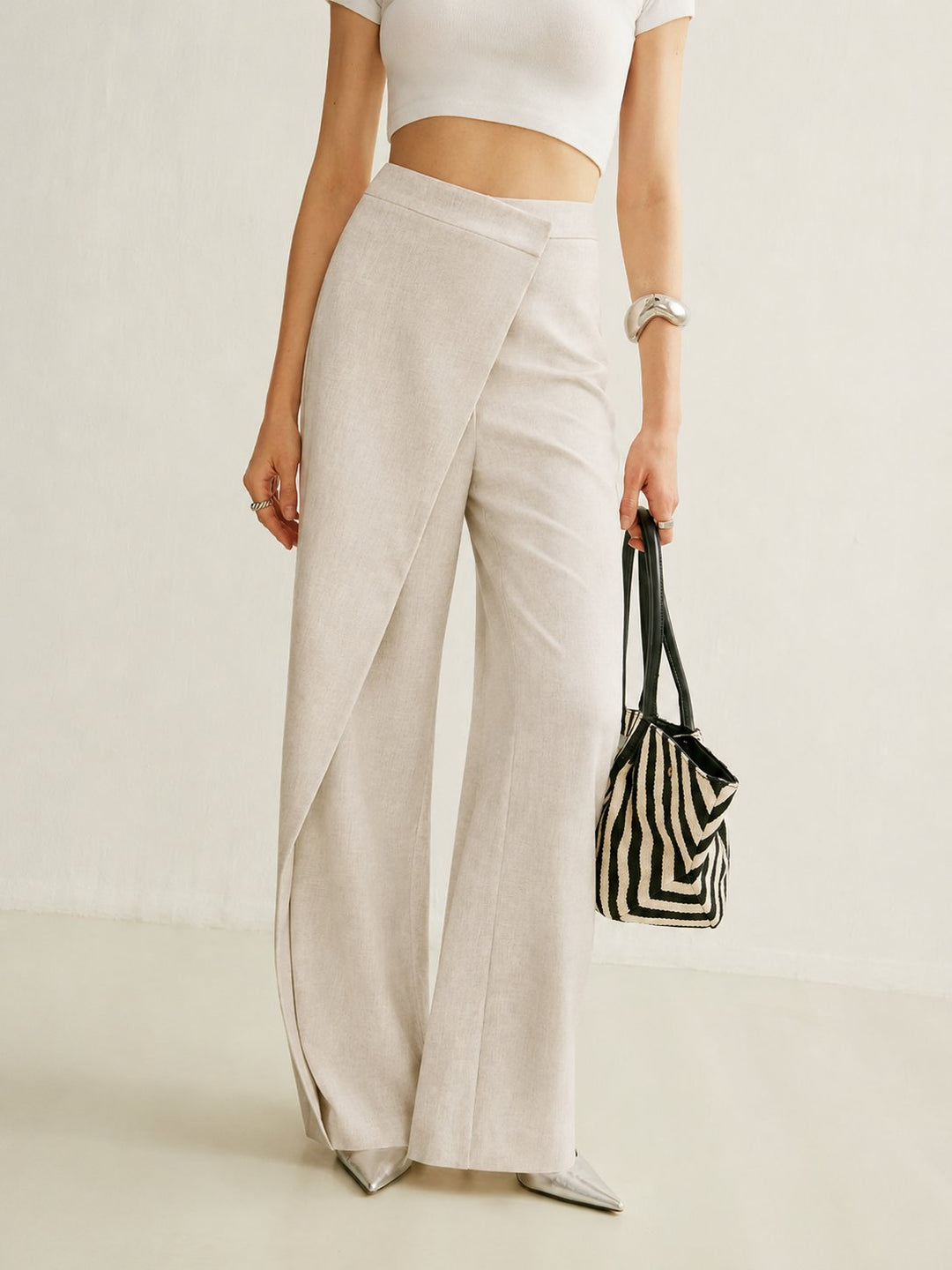 Women's Cream High Waist Asymmetric Wrap Wide Leg Pants
