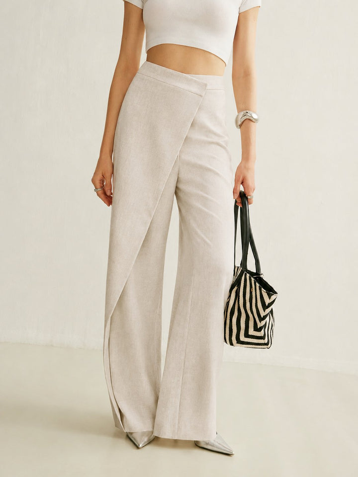 Women's Cream High Waist Asymmetric Wrap Wide Leg Pants