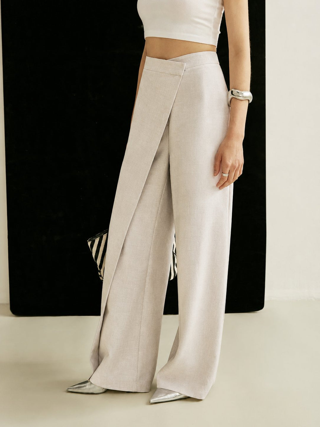 Women's Cream High Waist Asymmetric Wrap Wide Leg Pants