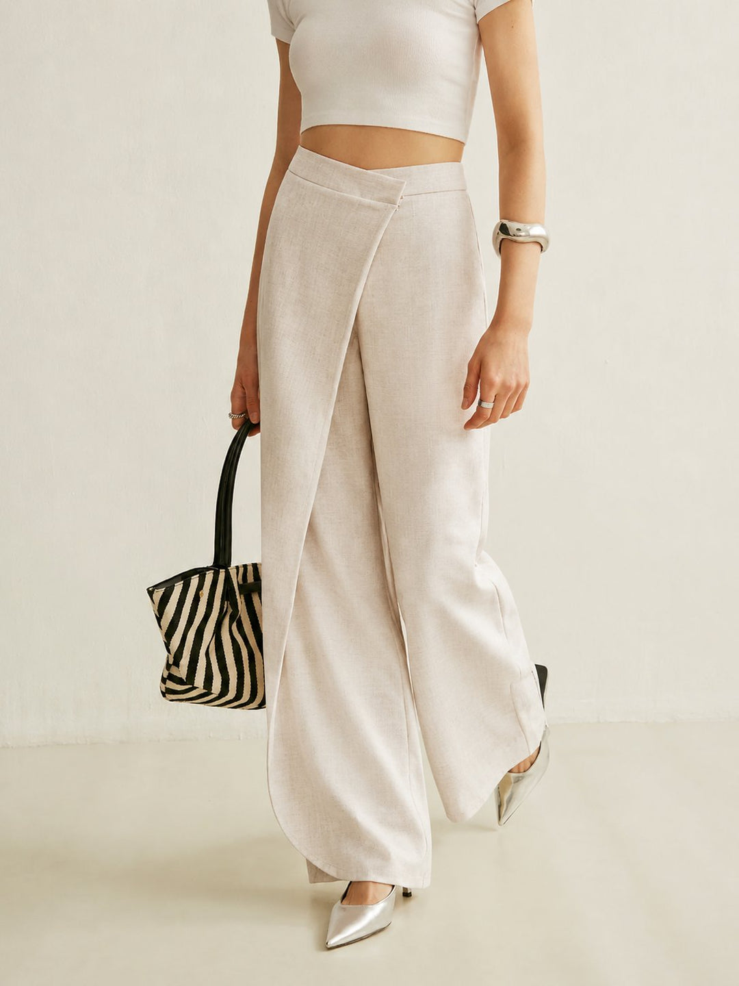 Women's Cream High Waist Asymmetric Wrap Wide Leg Pants