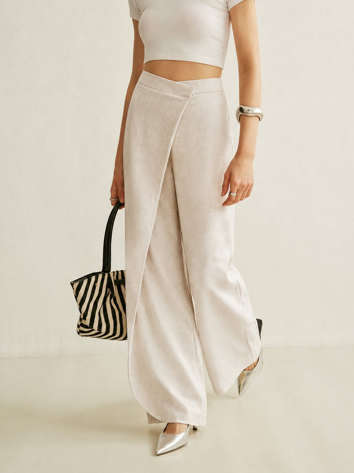 Women's Cream High Waist Asymmetric Wrap Wide Leg Pants