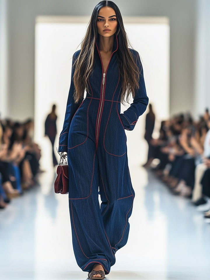 Women's Elegant Denim Wide Leg Jumpsuit