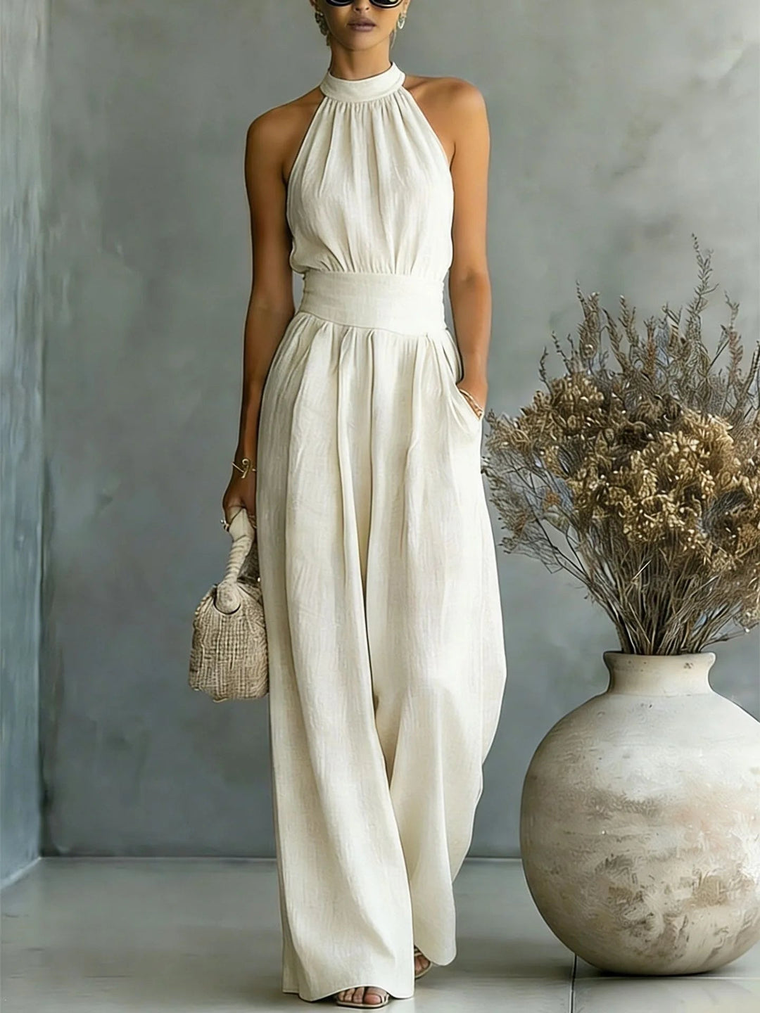 Women's Elegant Halter Draped Wide Leg Jumpsuit