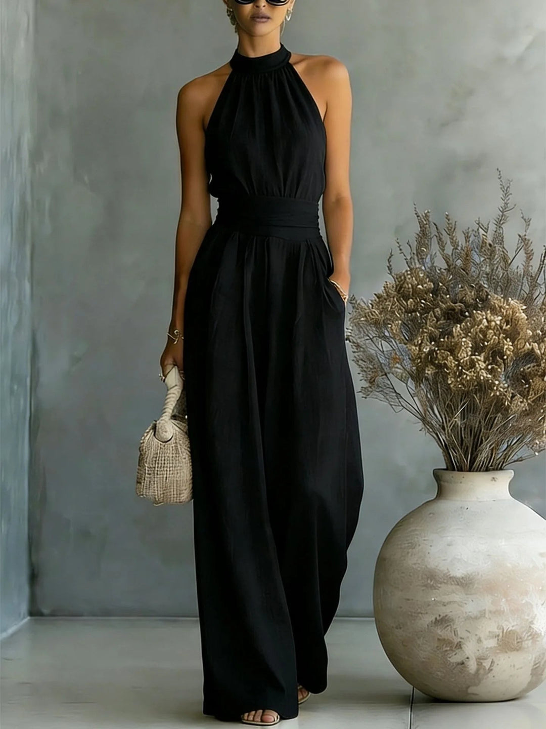 Women's Elegant Halter Draped Wide Leg Jumpsuit