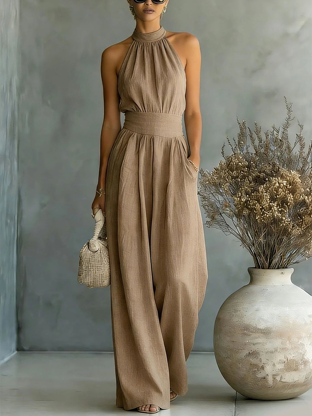 Women's Elegant Halter Draped Wide Leg Jumpsuit