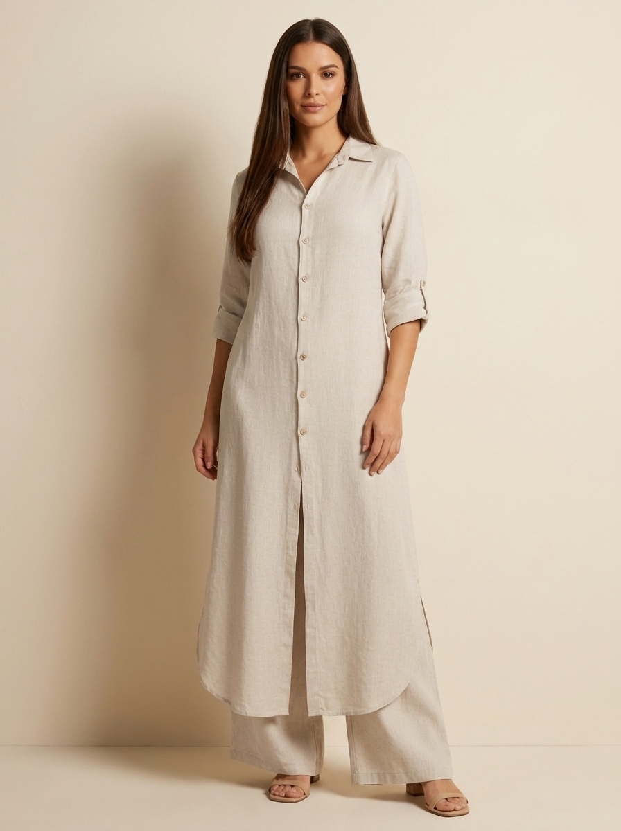 Women's Elegant Linen Blouse and Wide Leg Trousers Set