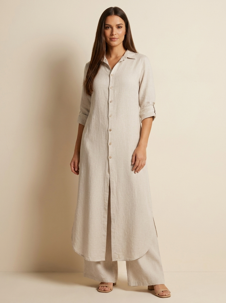 Women's Elegant Linen Blouse and Wide Leg Trousers Set