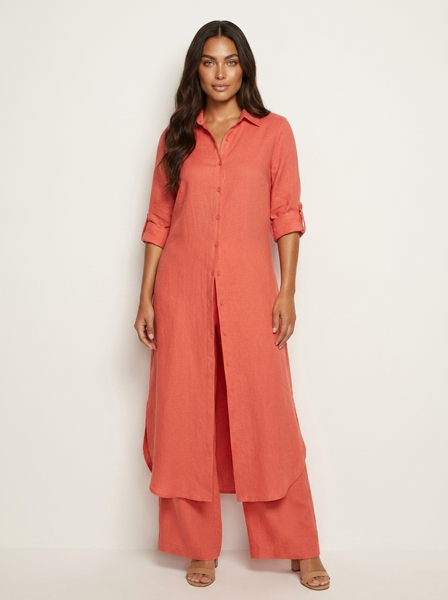 Women's Elegant Linen Blouse and Wide Leg Trousers Set