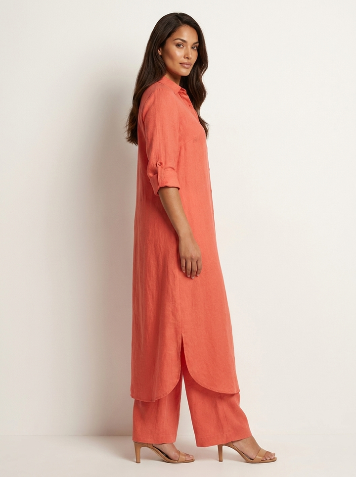 Women's Elegant Linen Blouse and Wide Leg Trousers Set