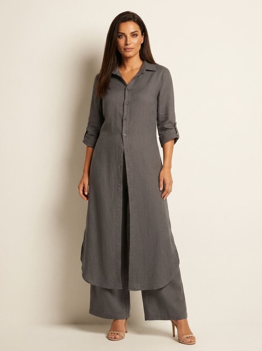 Women's Elegant Linen Blouse and Wide Leg Trousers Set