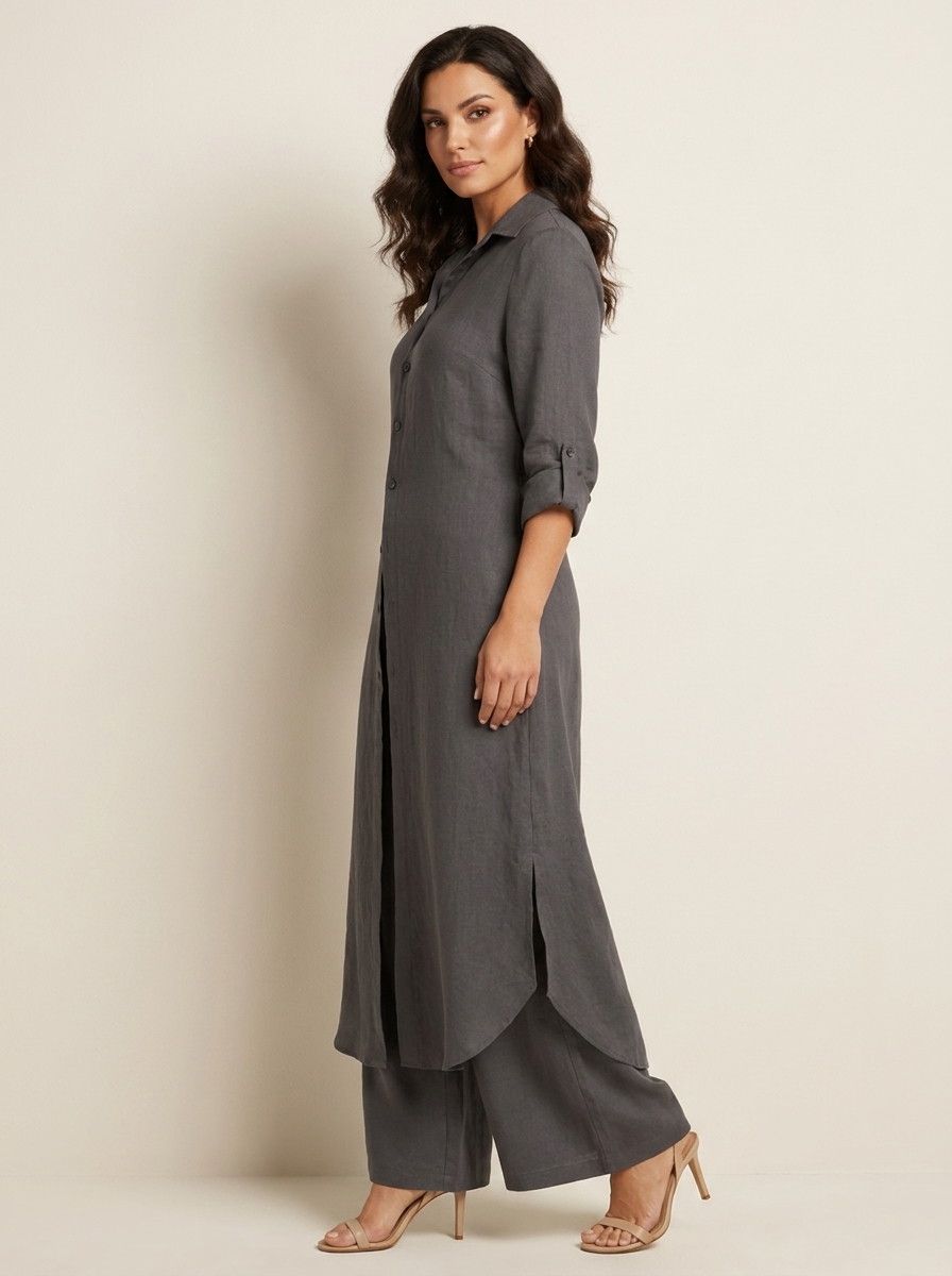 Women's Elegant Linen Blouse and Wide Leg Trousers Set
