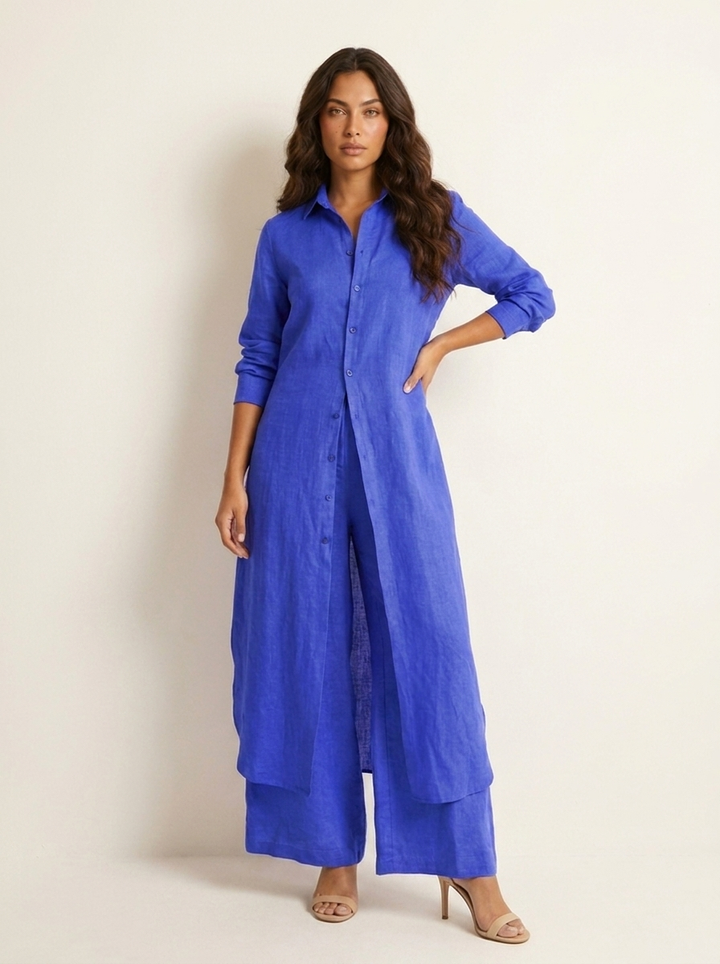 Women's Elegant Linen Blouse and Wide Leg Trousers Set