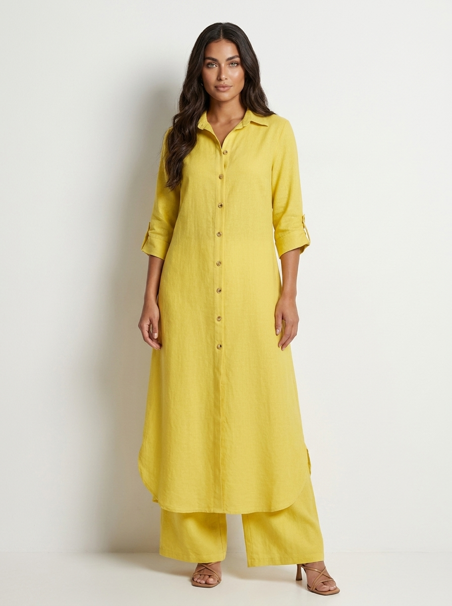 Women's Elegant Linen Blouse and Wide Leg Trousers Set