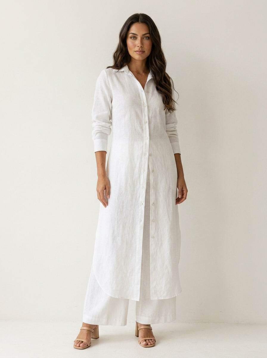 Women's Elegant Linen Blouse and Wide Leg Trousers Set