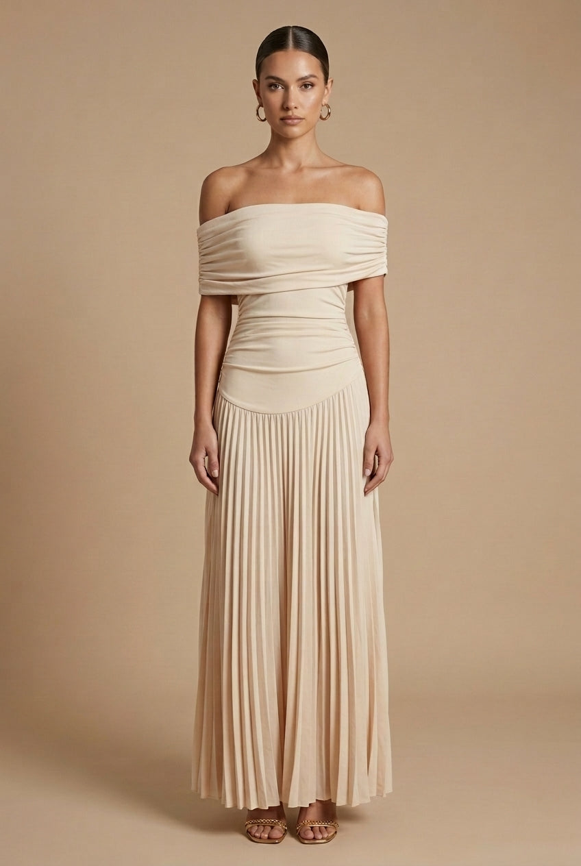 Women's Elegant Pleated Off Shoulder Maxi Dress