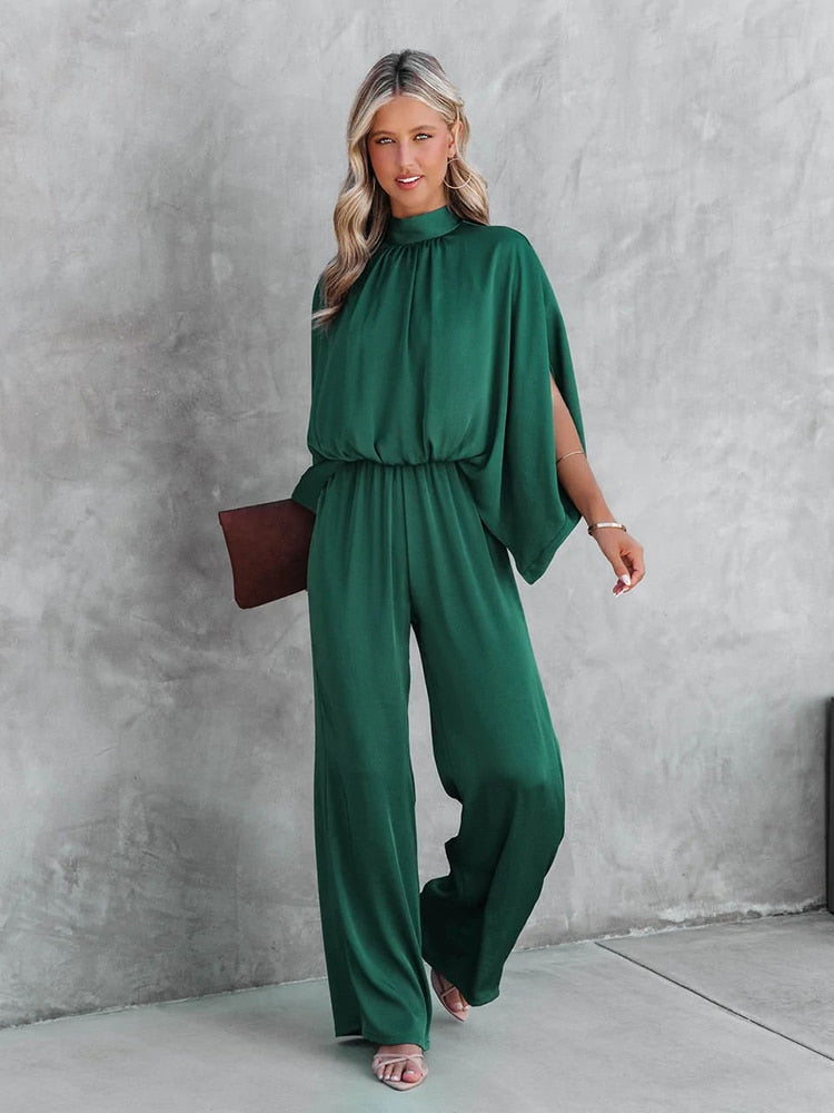 Women's Elegant Mock Neck Cape Sleeve Jumpsuit