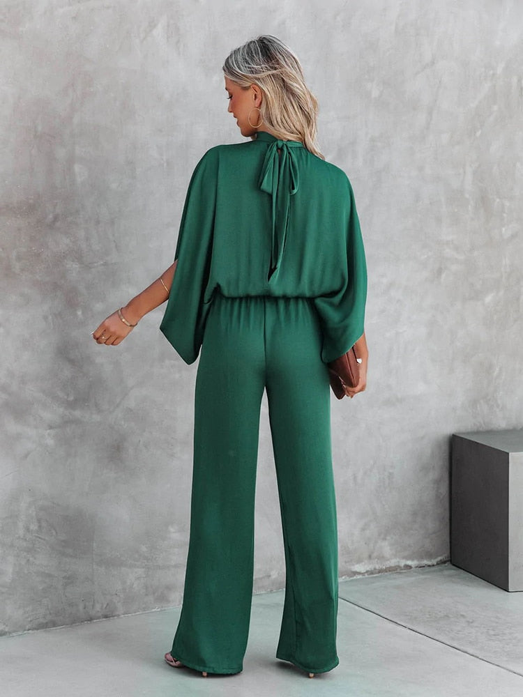 Women's Elegant Mock Neck Cape Sleeve Jumpsuit