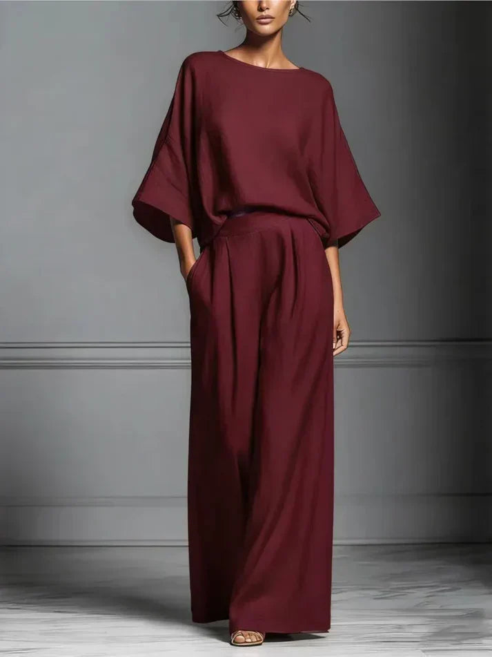 Women's Boat Neck Top and Wide Leg Trousers Set